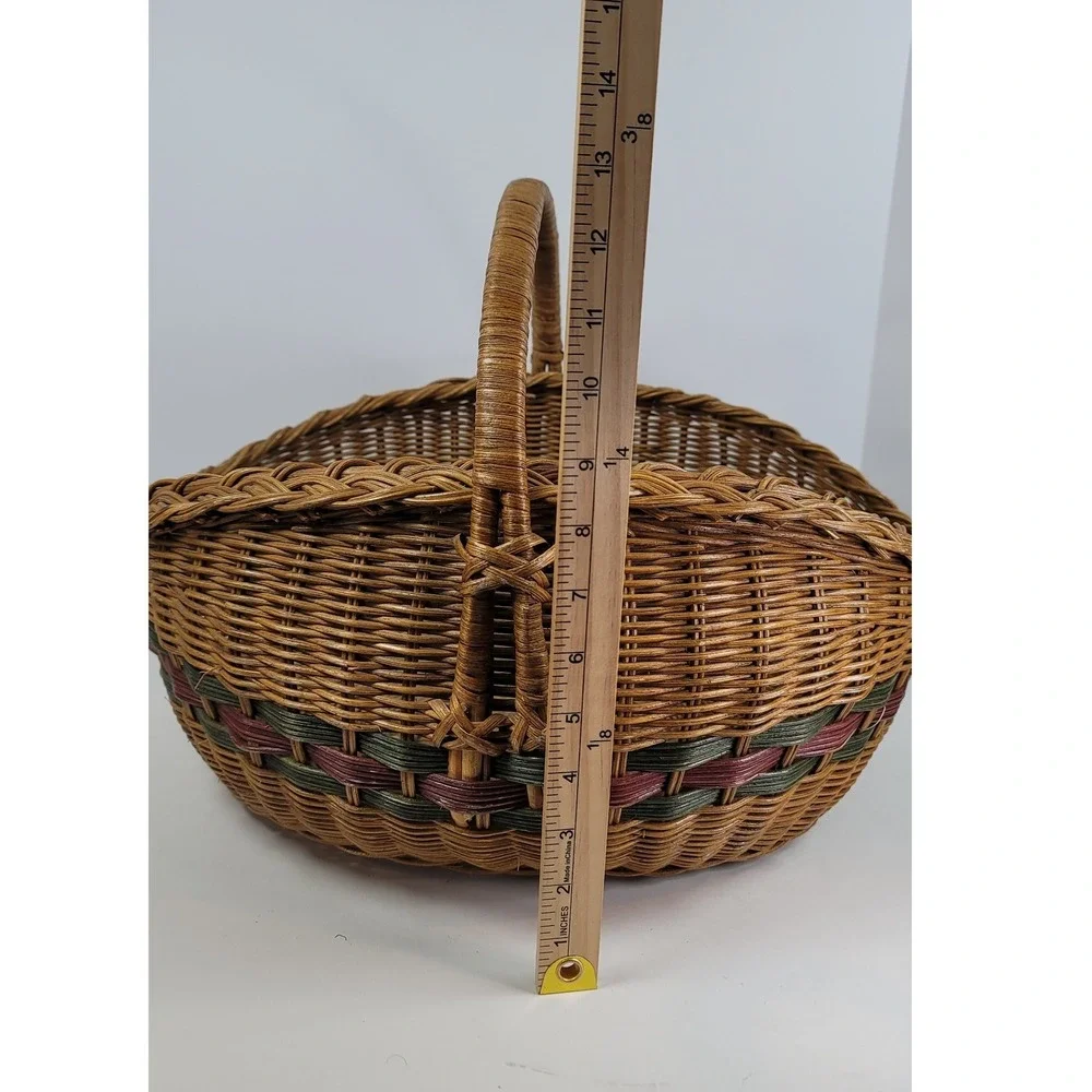 Large Wicker Basket Woven Picnic Garden Harvest Brown Green Burgundy 18in